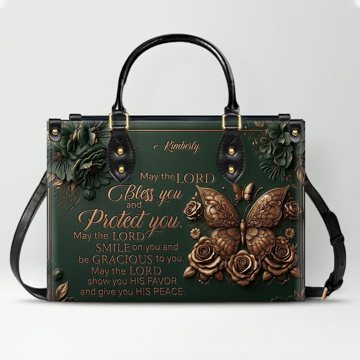 CHRISTIANARTBAG Personalized Leather Handbag, Custom Name & Color, "May The Lord Bless You" Butterfly & Floral Design, Luxury Christian Tote Bag CAB01072226
