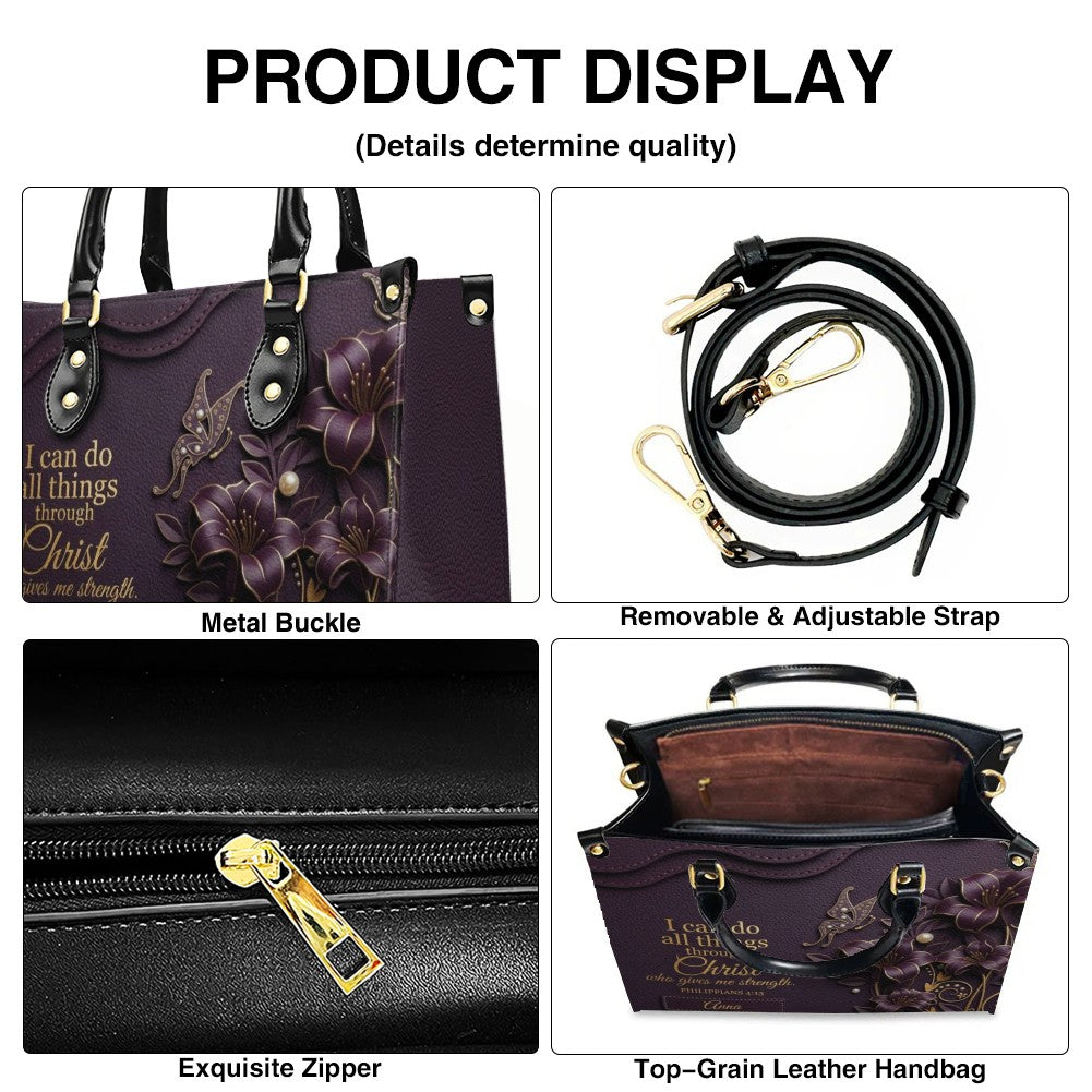 Personalized Leather Handbag - Custom Name Christian Bible Verse Philippians 4:13 Floral Butterfly Tote Bag | CHRISTIANARTBAG CA02100926
