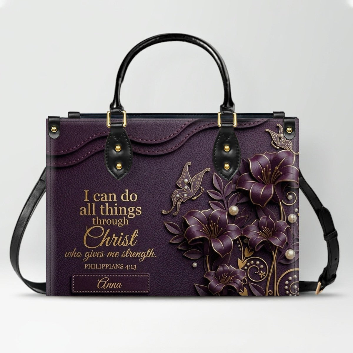 Personalized Leather Handbag - Custom Name Christian Bible Verse Philippians 4:13 Floral Butterfly Tote Bag | CHRISTIANARTBAG CA02100926