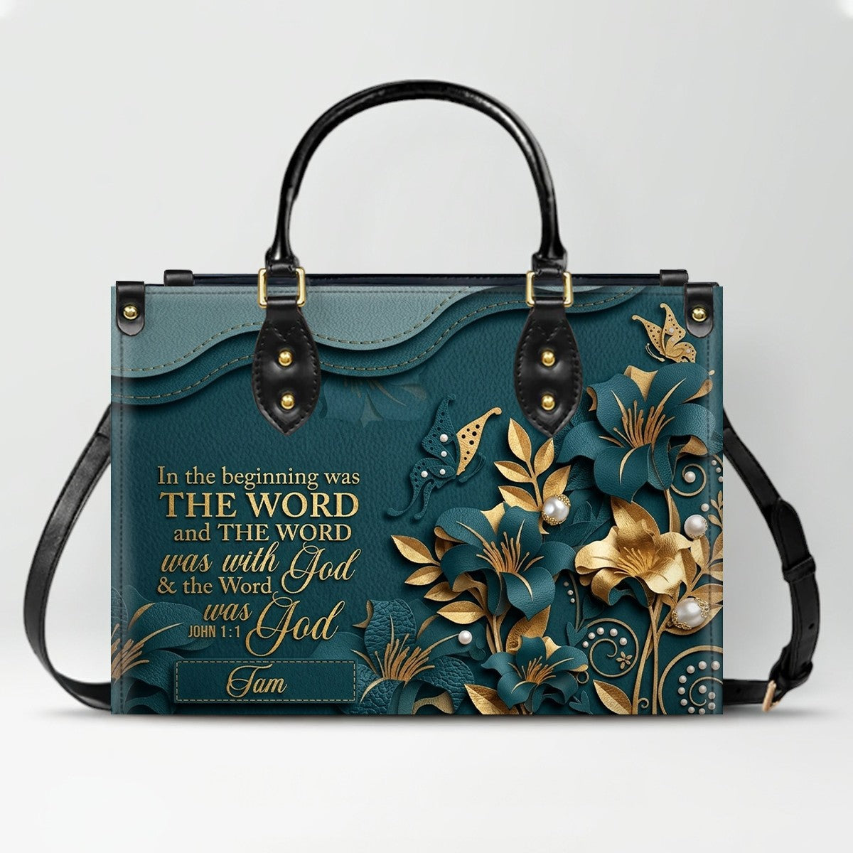 Custom Christian Leather Handbag with Name – John 1:1 Scripture Floral Purse | CHRISTIANARTBAG CA01100726