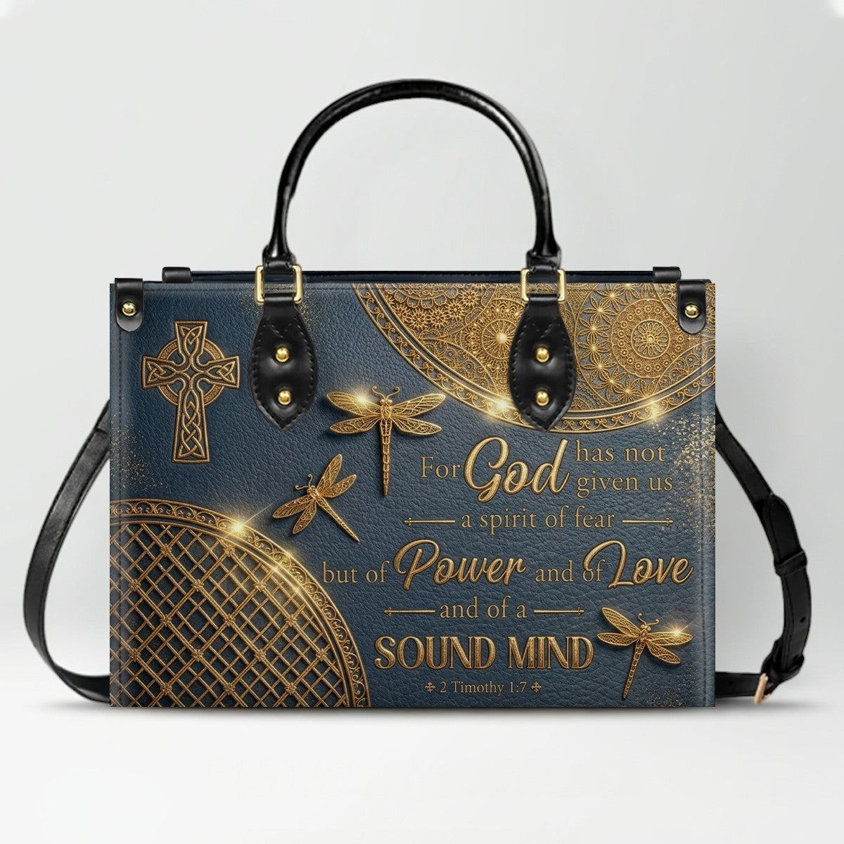 Personalized Leather Handbag | Custom Cross & Dragonfly Design - Gold Line Art - Religious Gift for Women - 2 Timothy 1:7 Scripture | CHRISTIANARTBAG CAB0171526