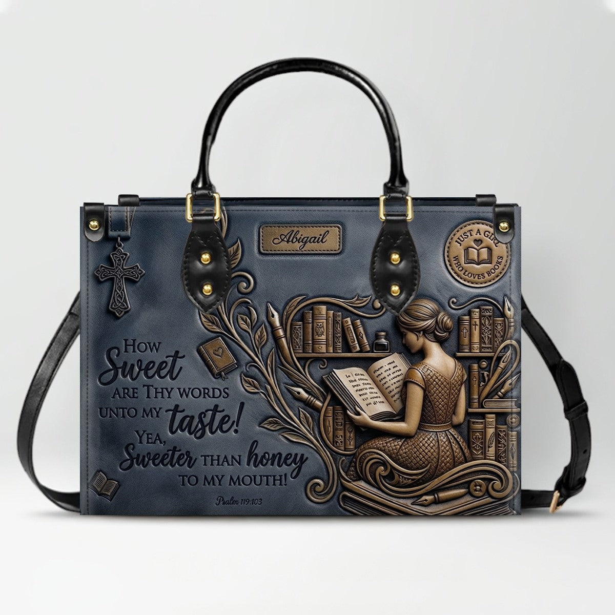 Personalized Bible Verse Leather Handbag | Scripture Psalm 119:103 Book Lover Gift | Just A Girl Who Loves Books Tote | CHRISTIANARTBAG 01072026