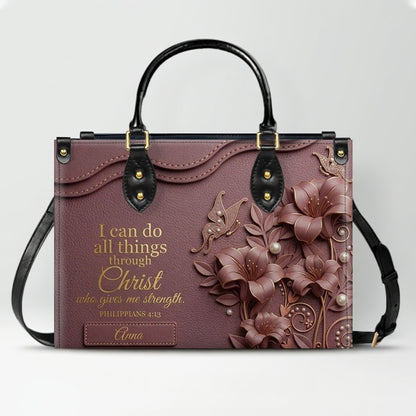 Personalized Leather Handbag - Custom Name Christian Bible Verse Philippians 4:13 Floral Butterfly Tote Bag | CHRISTIANARTBAG CA02100926