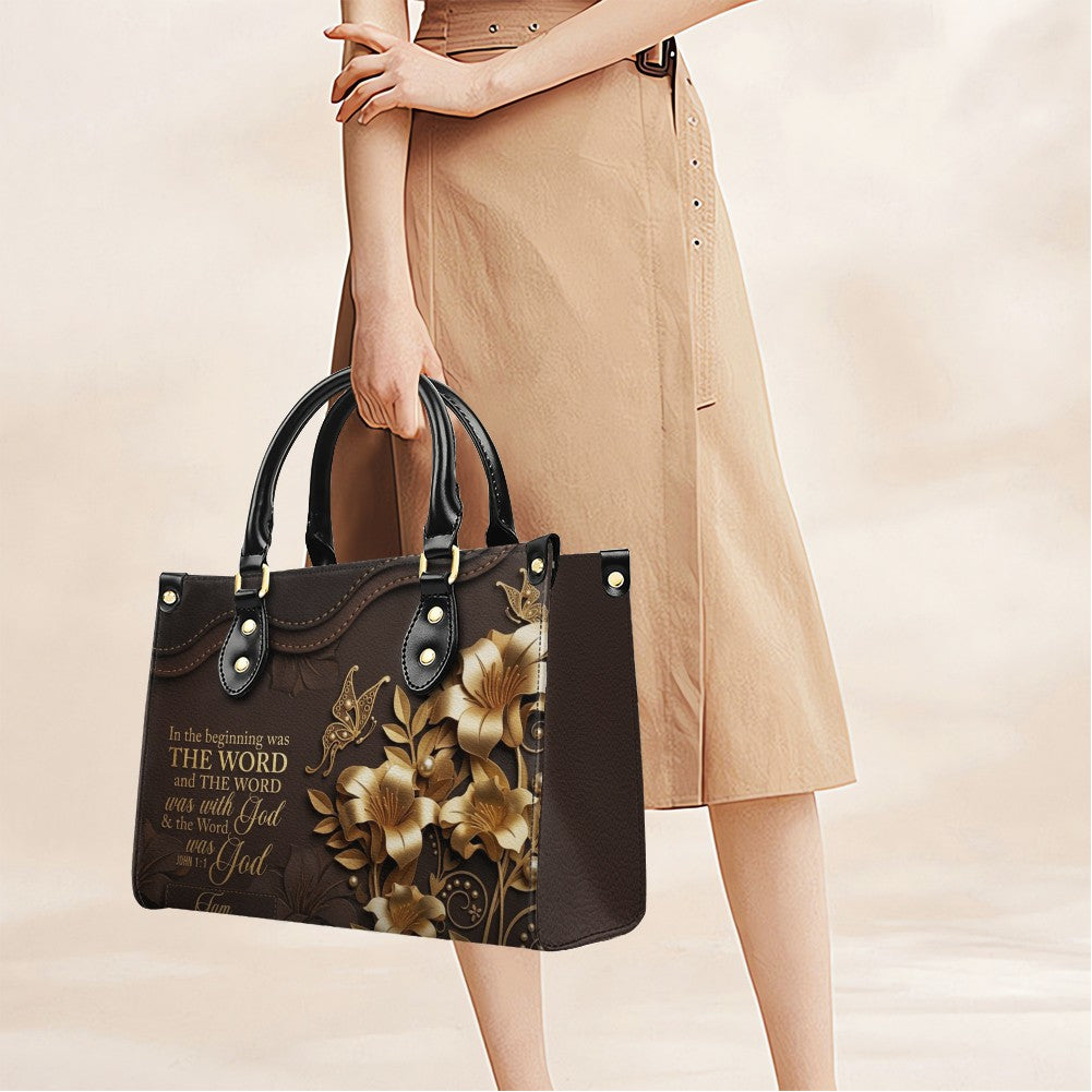 Custom Christian Leather Handbag with Name – John 1:1 Scripture Floral Purse | CHRISTIANARTBAG CA01100726