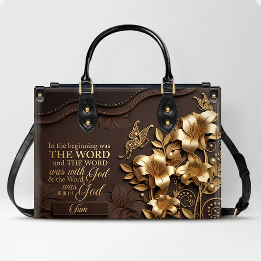 Custom Christian Leather Handbag with Name – John 1:1 Scripture Floral Purse | CHRISTIANARTBAG CA01100726