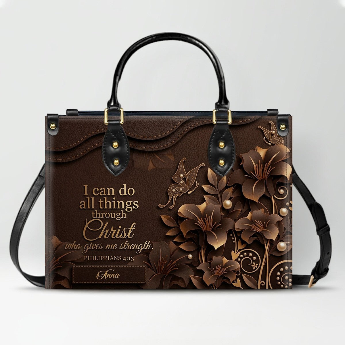 Personalized Leather Handbag - Custom Name Christian Bible Verse Philippians 4:13 Floral Butterfly Tote Bag | CHRISTIANARTBAG CA02100926
