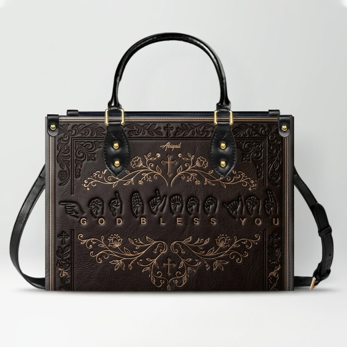 Personalized Christian ASL God Bless You Leather Handbag - Custom Name Christian Leather Tote Bag - CHRISTIANARTBAG CAB01101426