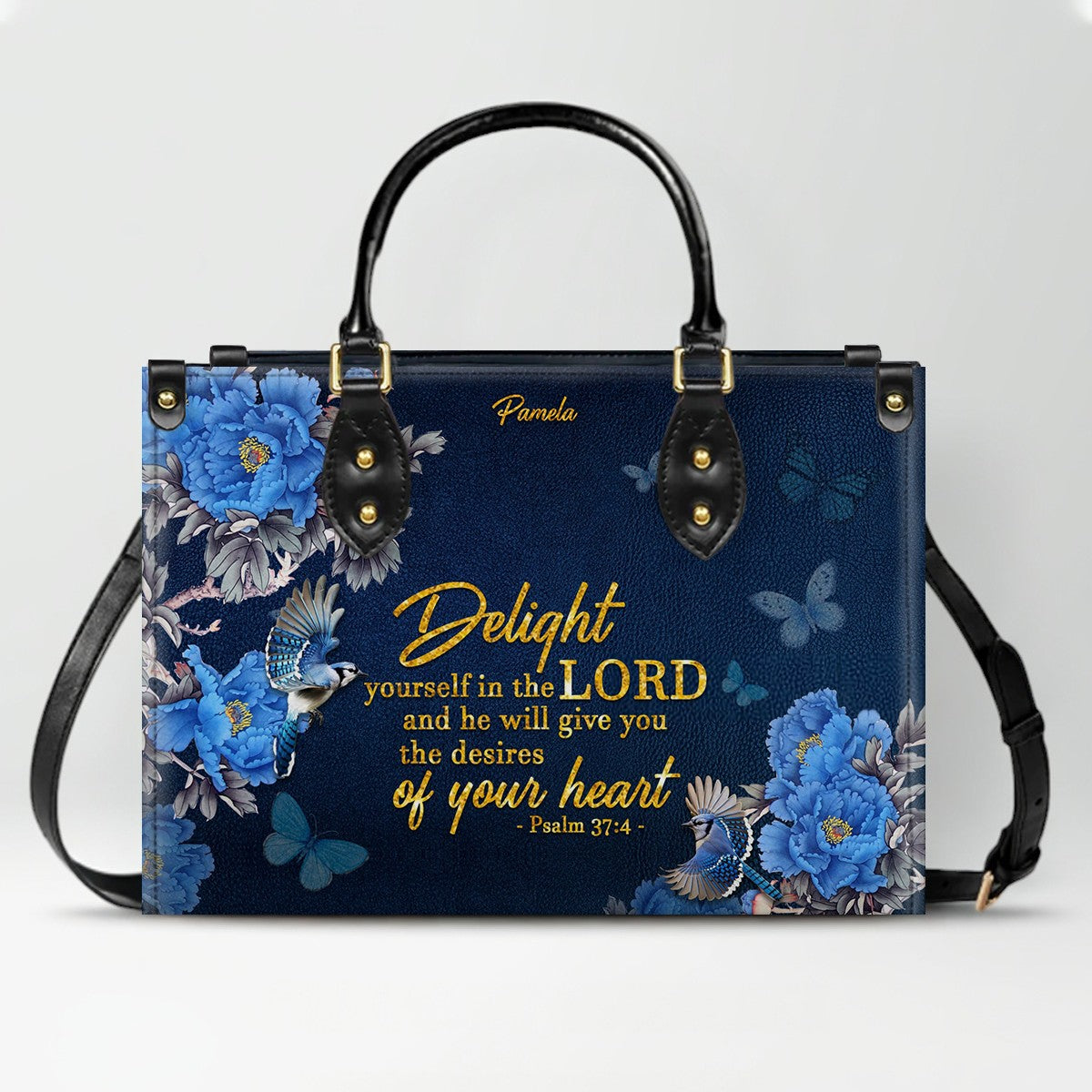 Personalized Christian Leather Handbag – Gold Navy Bible Verse Tote for Women | CHRISTIANARTBAG CAB01122325
