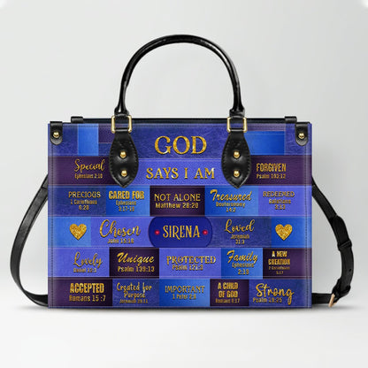 Personalized Christian Leather Handbag – “God Says I Am” Scripture Tote Bag for Women | Custom Name & Color | CHRISTIANARTBAG