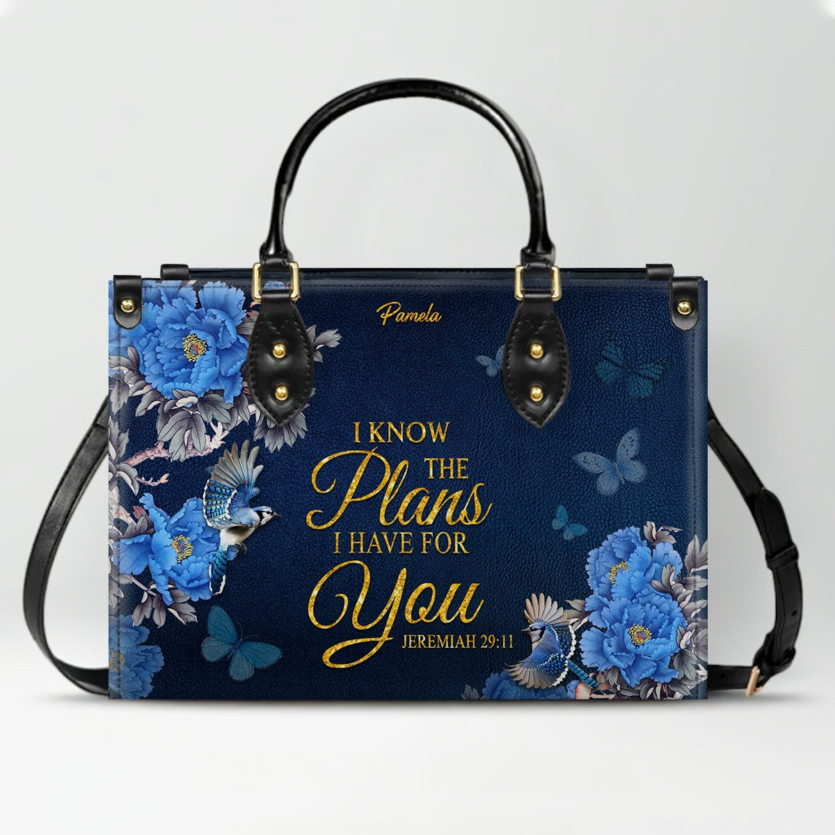 Personalized Christian Leather Handbag – Gold Navy Bible Verse Tote for Women | CHRISTIANARTBAG CAB01122325