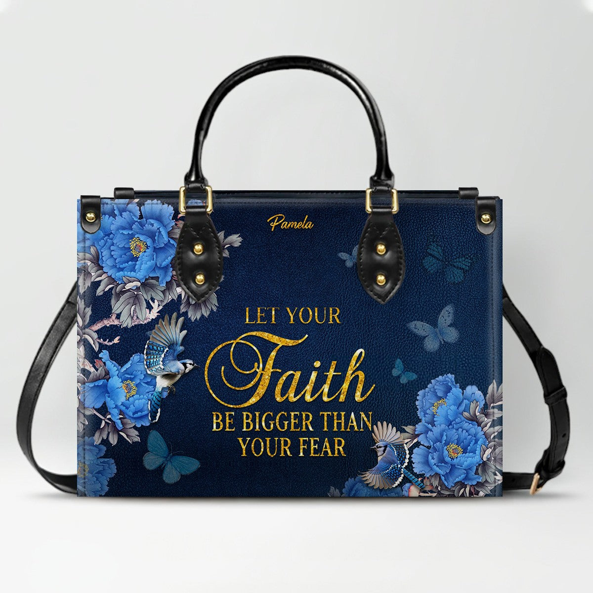 Personalized Christian Leather Handbag – Gold Navy Bible Verse Tote for Women | CHRISTIANARTBAG CAB01122325