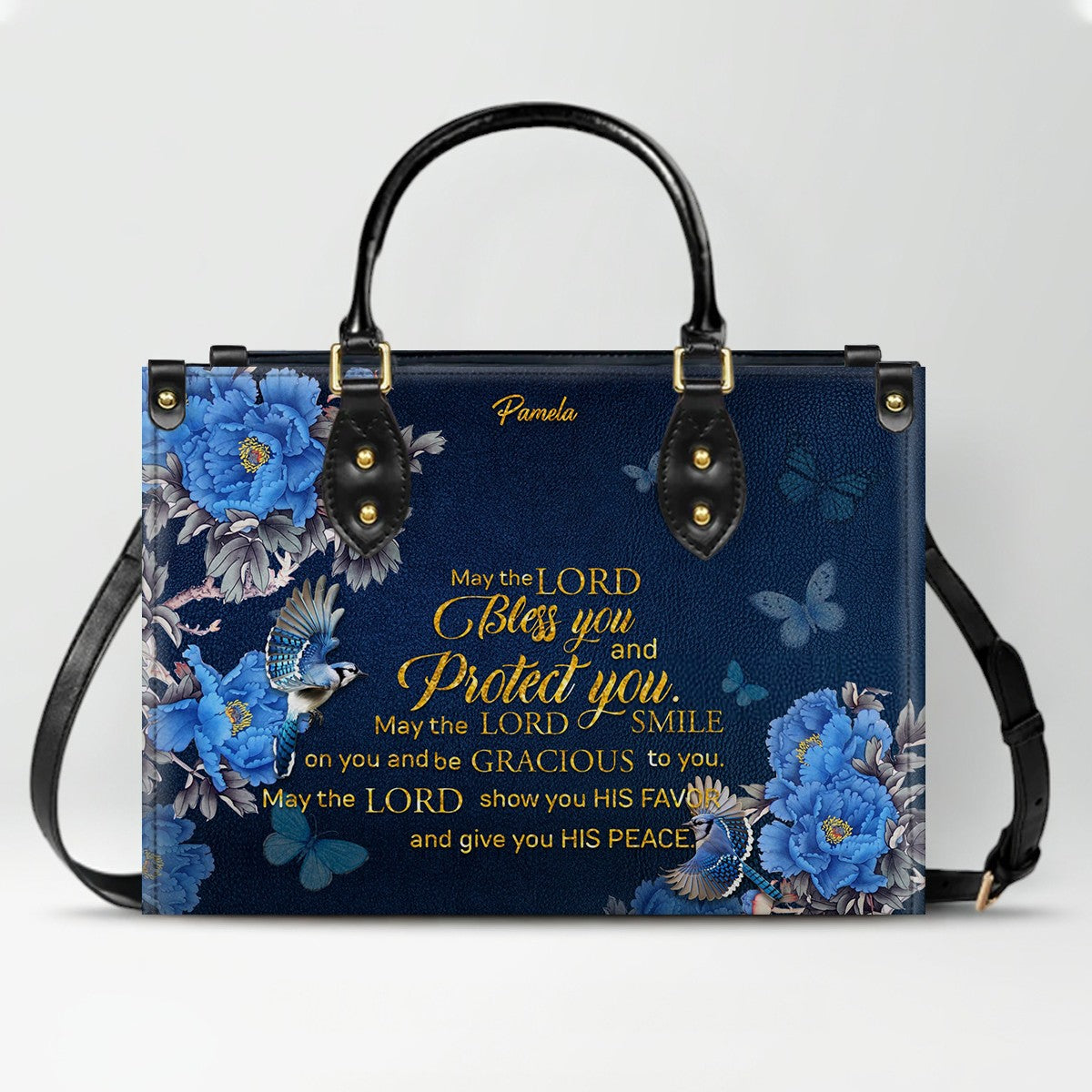 Personalized Christian Leather Handbag – Gold Navy Bible Verse Tote for Women | CHRISTIANARTBAG CAB01122325