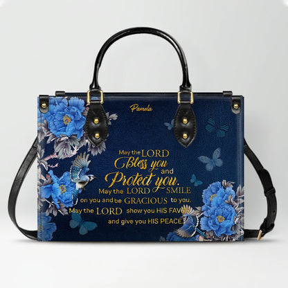Personalized Christian Leather Handbag – Gold Navy Bible Verse Tote for Women | CHRISTIANARTBAG CAB01122325