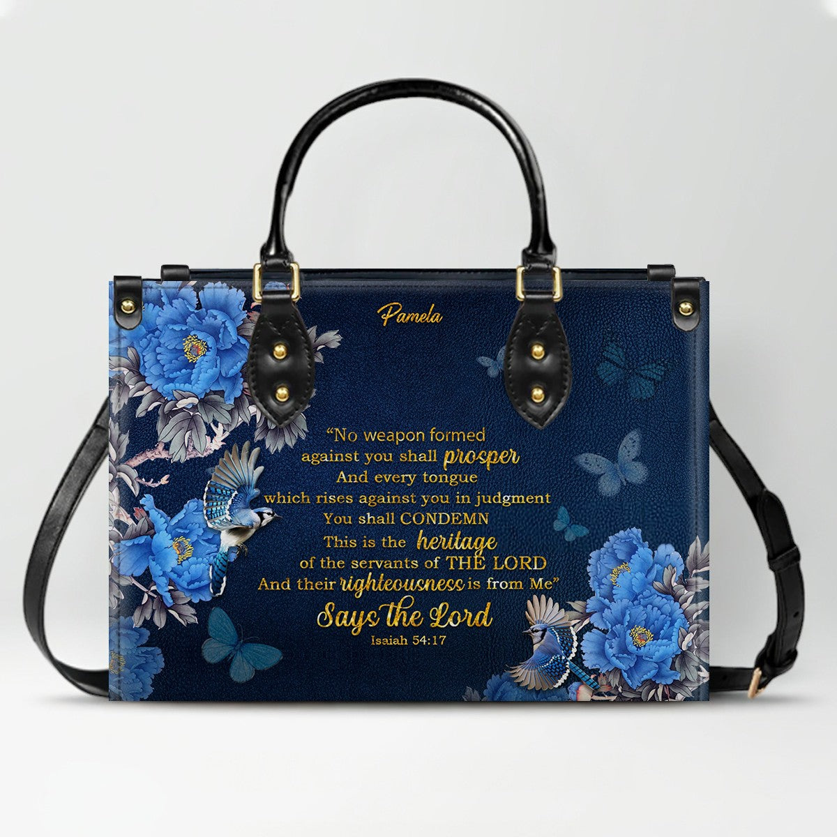 Personalized Christian Leather Handbag – Gold Navy Bible Verse Tote for Women | CHRISTIANARTBAG CAB01122325