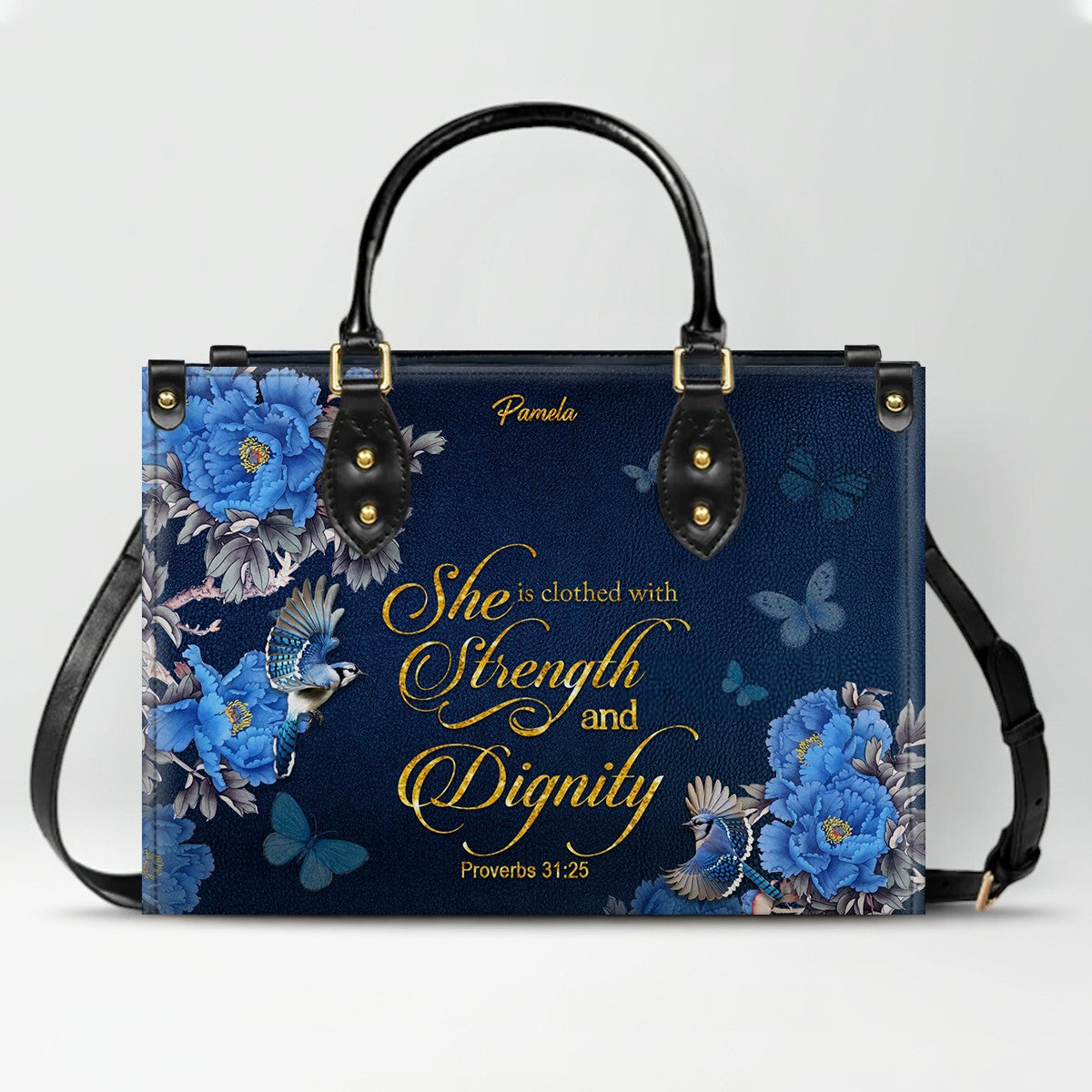 Personalized Christian Leather Handbag – Gold Navy Bible Verse Tote for Women | CHRISTIANARTBAG CAB01122325