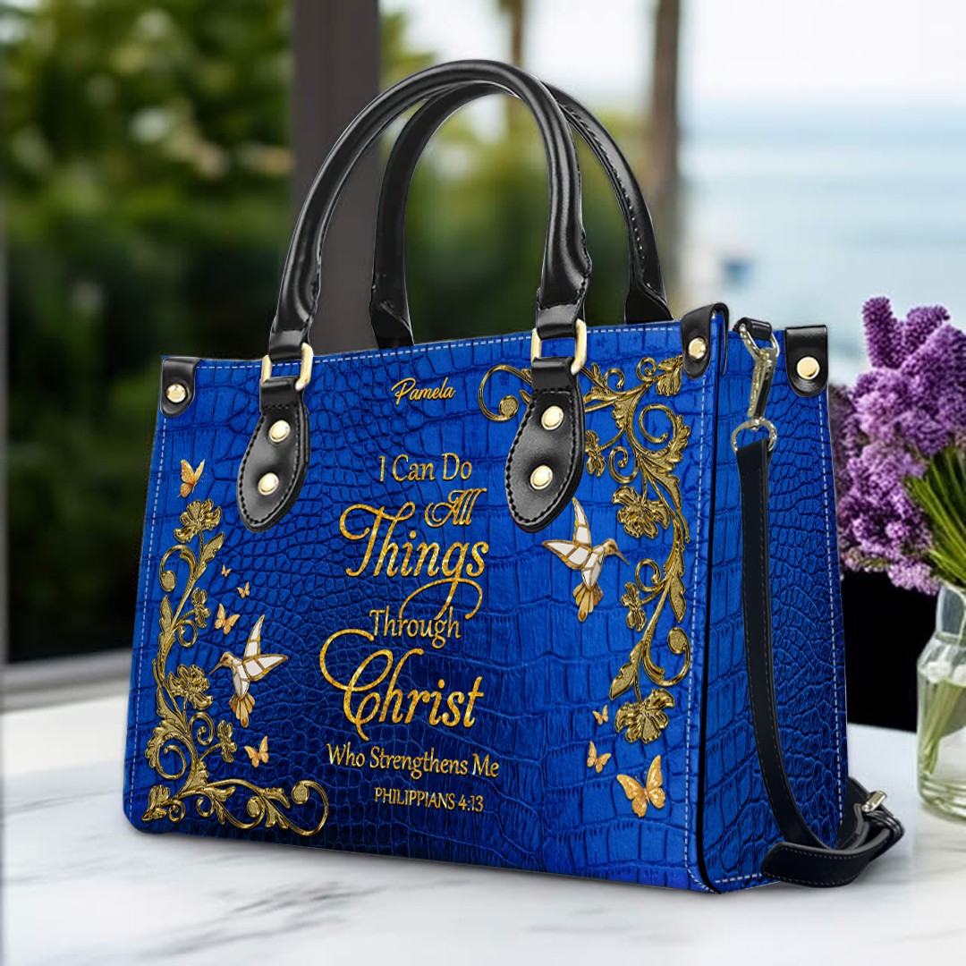 Personalized Christian Leather Tote Bag – Philippians 4:13 “I Can Do All Things Through Christ” Custom Name Gift for Women CAB012126