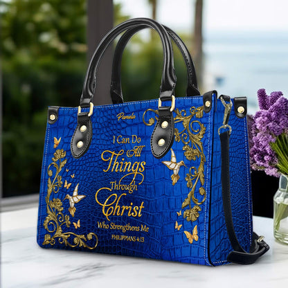 Personalized Christian Leather Tote Bag – Philippians 4:13 “I Can Do All Things Through Christ” Custom Name Gift for Women CAB012126