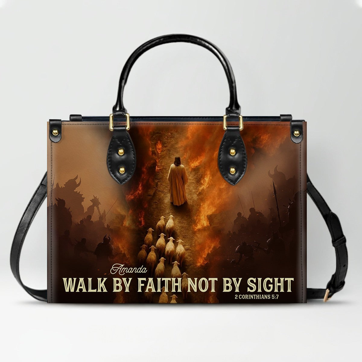 Personalized Christian Leather Handbag - Walk By Faith Not By Sight - Custom Name Jesus Good Shepherd Purse for Women - CHRISTIANARTBAG