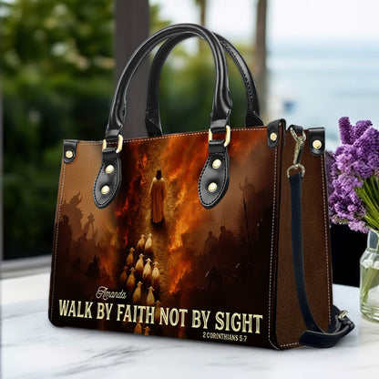 Personalized Christian Leather Handbag - Walk By Faith Not By Sight - Custom Name Jesus Good Shepherd Purse for Women - CHRISTIANARTBAG