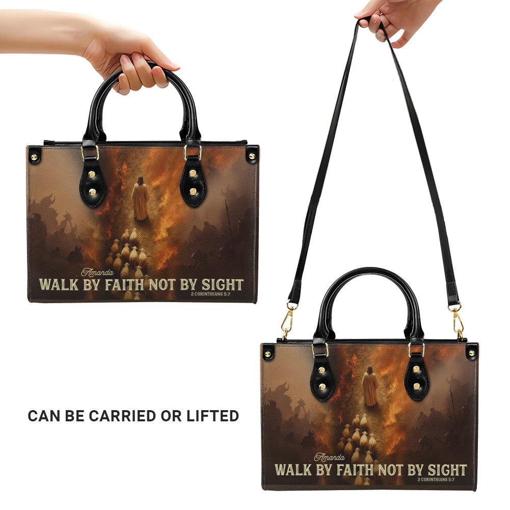 Personalized Christian Leather Handbag - Walk By Faith Not By Sight - Custom Name Jesus Good Shepherd Purse for Women - CHRISTIANARTBAG