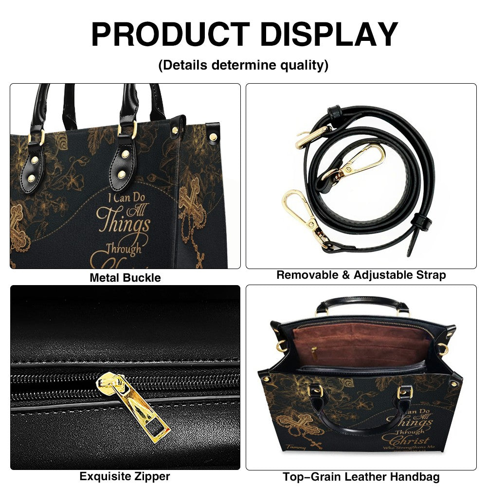 Personalized Leather Handbag | Black Cross Floral - I Can Do All Things Through Christ | CHRISTIANARTBAG CAB0271626