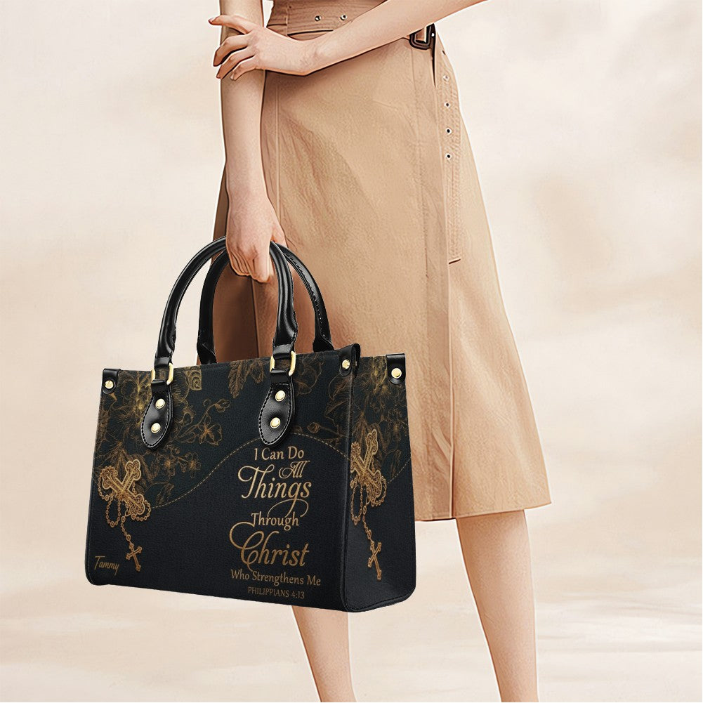 Personalized Leather Handbag | Black Cross Floral - I Can Do All Things Through Christ | CHRISTIANARTBAG CAB0271626