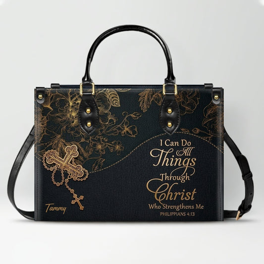 Personalized Leather Handbag | Black Cross Floral - I Can Do All Things Through Christ | CHRISTIANARTBAG CAB0271626
