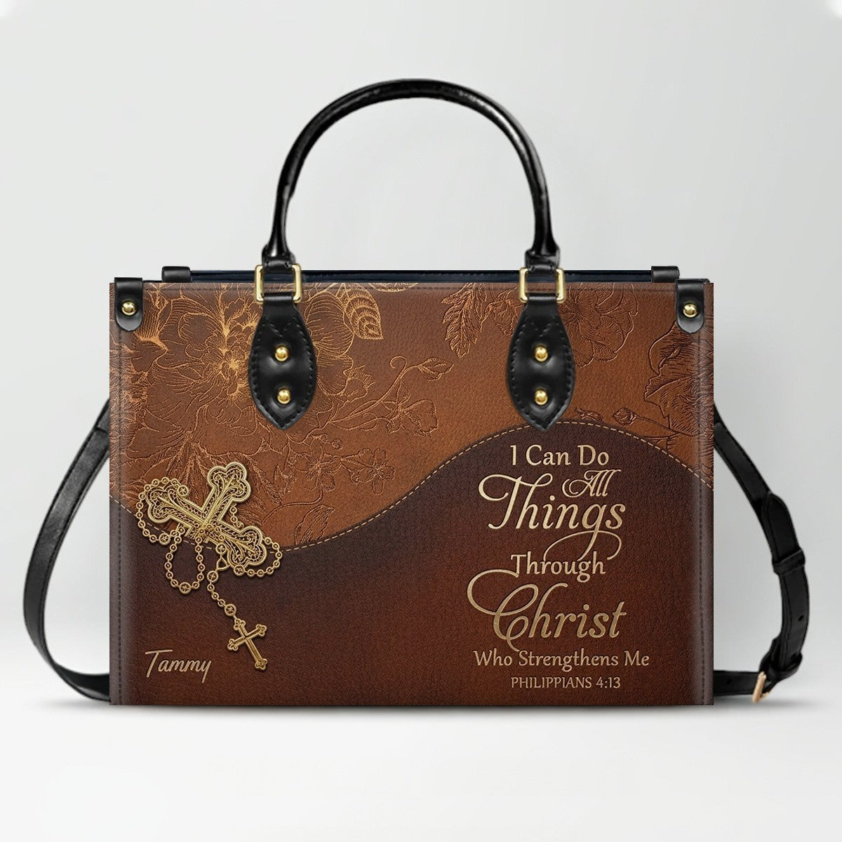 Personalized Leather Handbag | Black Cross Floral - I Can Do All Things Through Christ | CHRISTIANARTBAG CAB0271626