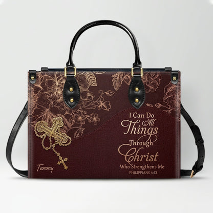 Personalized Leather Handbag | Black Cross Floral - I Can Do All Things Through Christ | CHRISTIANARTBAG CAB0271626