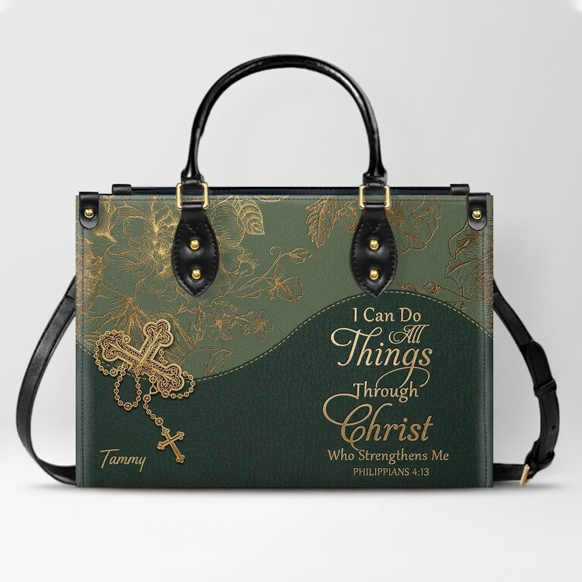 Personalized Leather Handbag | Black Cross Floral - I Can Do All Things Through Christ | CHRISTIANARTBAG CAB0271626