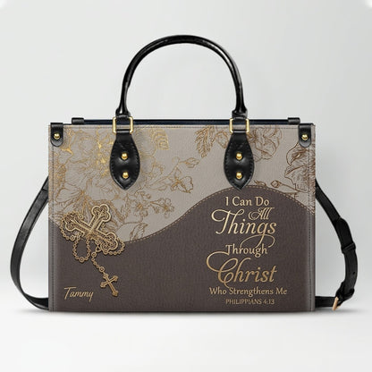Personalized Leather Handbag | Black Cross Floral - I Can Do All Things Through Christ | CHRISTIANARTBAG CAB0271626