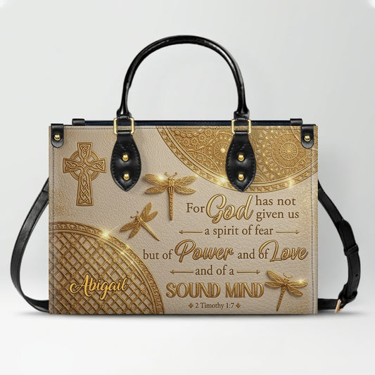 Personalized Leather Handbag | Custom Cross & Dragonfly Design - Gold Line Art - Religious Gift for Women - 2 Timothy 1:7 Scripture | CHRISTIANARTBAG CAB0171526