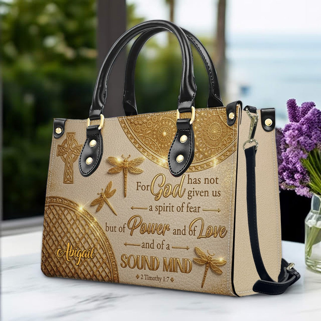 Personalized Leather Handbag | Custom Cross & Dragonfly Design - Gold Line Art - Religious Gift for Women - 2 Timothy 1:7 Scripture | CHRISTIANARTBAG CAB0171526