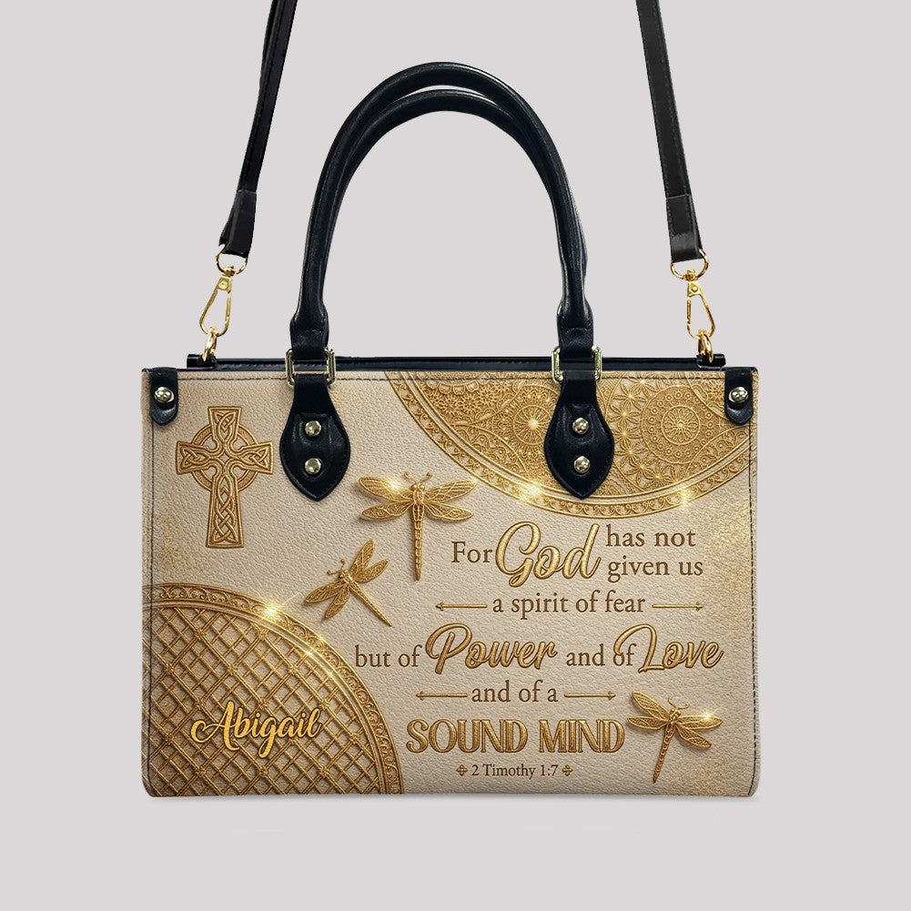 Personalized Leather Handbag | Custom Cross & Dragonfly Design - Gold Line Art - Religious Gift for Women - 2 Timothy 1:7 Scripture | CHRISTIANARTBAG CAB0171526