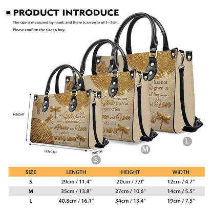 Personalized Leather Handbag | Custom Cross & Dragonfly Design - Gold Line Art - Religious Gift for Women - 2 Timothy 1:7 Scripture | CHRISTIANARTBAG CAB0171526