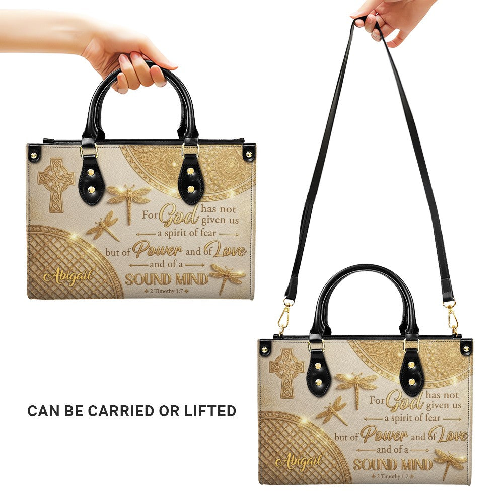 Personalized Leather Handbag | Custom Cross & Dragonfly Design - Gold Line Art - Religious Gift for Women - 2 Timothy 1:7 Scripture | CHRISTIANARTBAG CAB0171526