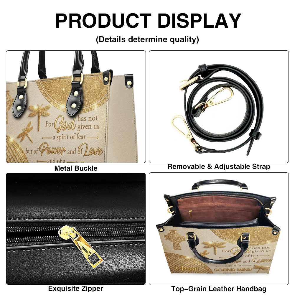 Personalized Leather Handbag | Custom Cross & Dragonfly Design - Gold Line Art - Religious Gift for Women - 2 Timothy 1:7 Scripture | CHRISTIANARTBAG CAB0171526