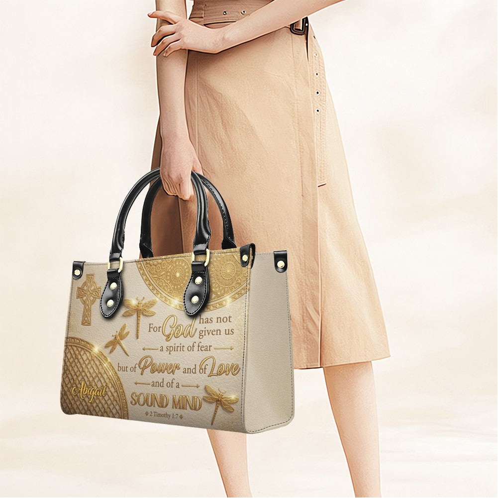Personalized Leather Handbag | Custom Cross & Dragonfly Design - Gold Line Art - Religious Gift for Women - 2 Timothy 1:7 Scripture | CHRISTIANARTBAG CAB0171526