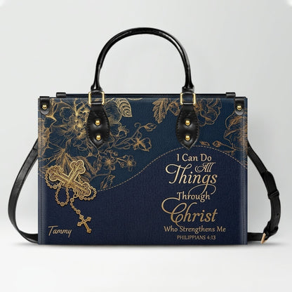 Personalized Leather Handbag | Black Cross Floral - I Can Do All Things Through Christ | CHRISTIANARTBAG CAB0271626