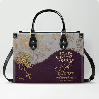 Personalized Leather Handbag | Black Cross Floral - I Can Do All Things Through Christ | CHRISTIANARTBAG CAB0271626