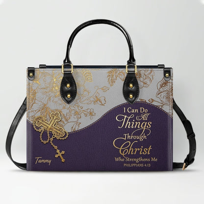Personalized Leather Handbag | Black Cross Floral - I Can Do All Things Through Christ | CHRISTIANARTBAG CAB0271626