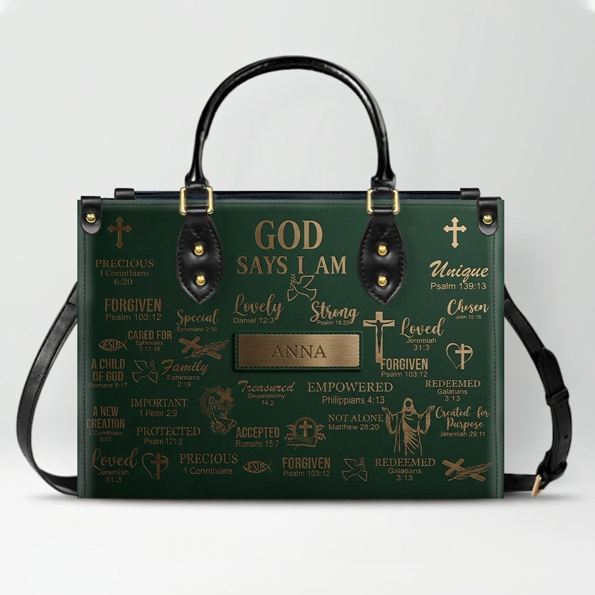 Personalized Christian Leather Handbag - Custom Name God Says I Am Bible Verse Tote Bag | CHRISTIANARTBAG 01072126