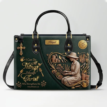 CHRISTIANARTBAG Personalized Leather Handbag - Custom Name Greige Crossbody Bag, Christian Gift for Women, Philippians 4:13 Gardening Tote CAB0171926