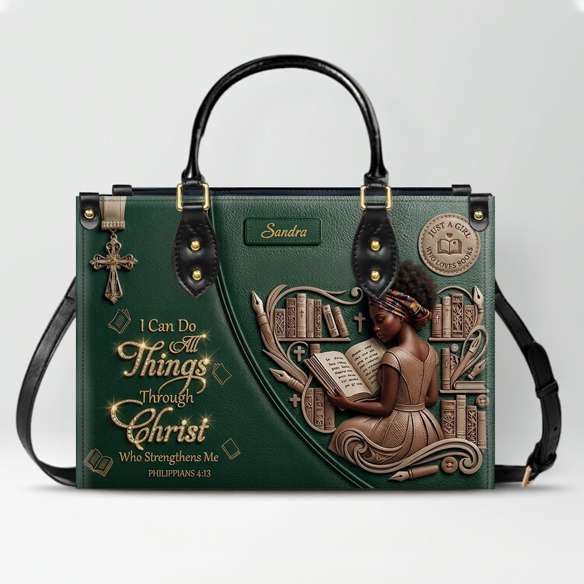 Personalized Leather Handbag | Girl Loves Books - I Can Do All Things Through Christ | CHRISTIANARTBAG CAB0171826