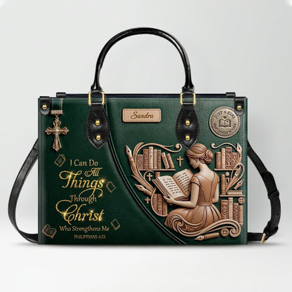 Personalized Leather Handbag | Girl Loves Books - I Can Do All Things Through Christ | CHRISTIANARTBAG CAB0171826