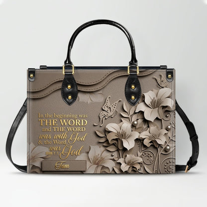 Custom Christian Leather Handbag with Name – John 1:1 Scripture Floral Purse | CHRISTIANARTBAG CA01100726