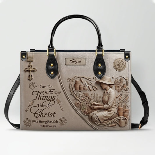 CHRISTIANARTBAG Personalized Leather Handbag - Custom Name Greige Crossbody Bag, Christian Gift for Women, Philippians 4:13 Gardening Tote CAB0171926