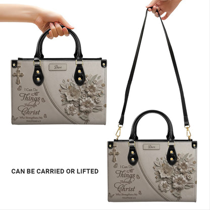 Custom Name Greige Leather Handbag | "I Can Do All Things Through Christ" Floral Design | CHRISTIANARTBAG 01070326