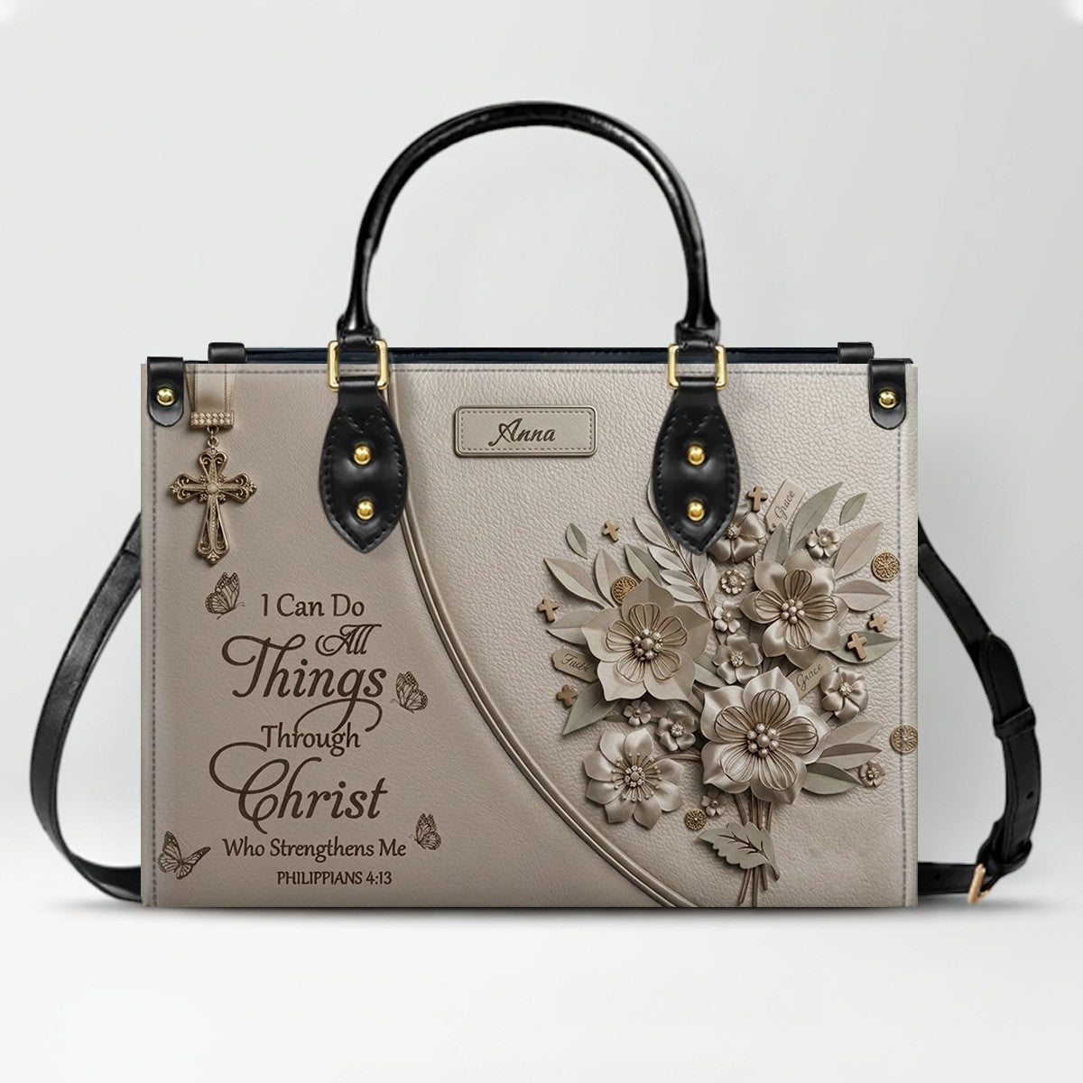 Custom Name Christian Leather Handbag by CHRISTIANARTBAG | I Can Do All Things Shoulder Bag, Religious Floral Gift for Her CAB01070126
