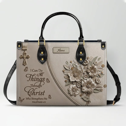 Custom Name Christian Leather Handbag by CHRISTIANARTBAG | I Can Do All Things Shoulder Bag, Religious Floral Gift for Her CAB01070126
